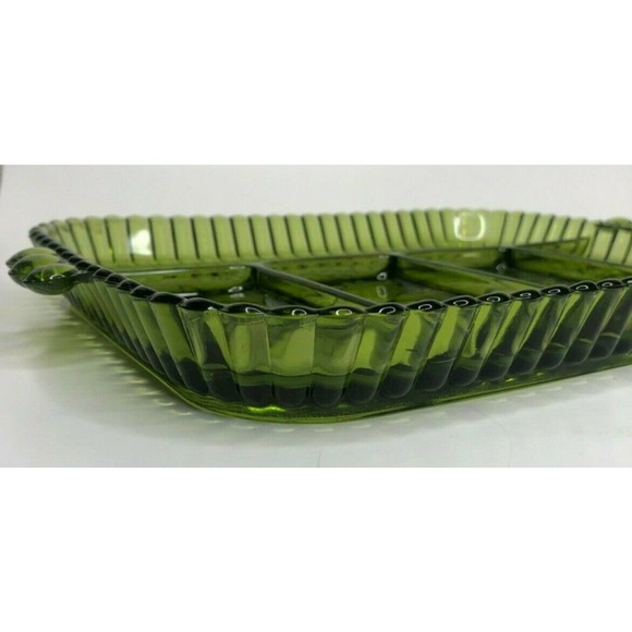 Vintage Olive Green Indiana Glass Divided Tray With Fruit Pattern Relish MidCent - Picture 3 of 9